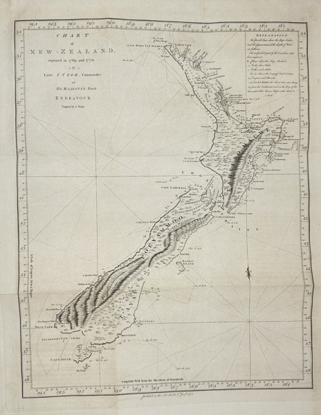 Captain James Cook – Chart of New Zealand Explored in 1769 and 1770 – Original Copperplate Engraving from Hawkesworth’s Voyages – 1773