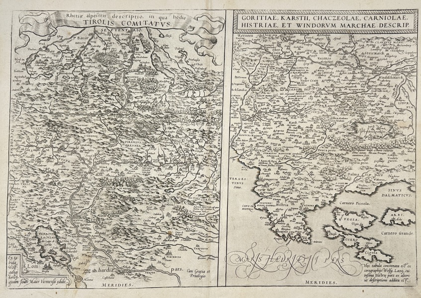 Abraham Ortelius – Double Map of Rhetiae Alpestris & Regions of Gorizia, Carniola, and Istria – Engraving from Theatrum Orbis Terrarum – 1573