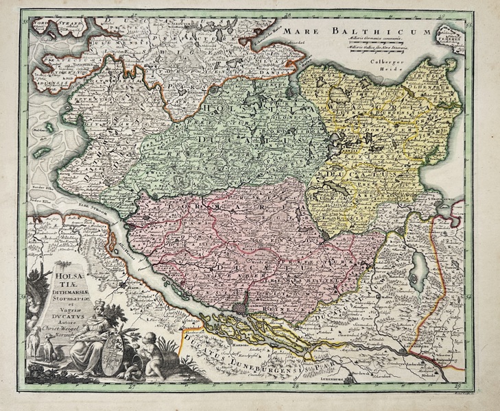 Christoph Weigel – Map of the Duchies of Holstein, Dithmarschen, Stormarn, and Wagria – Hand-Colored Copperplate Engraving – 1718