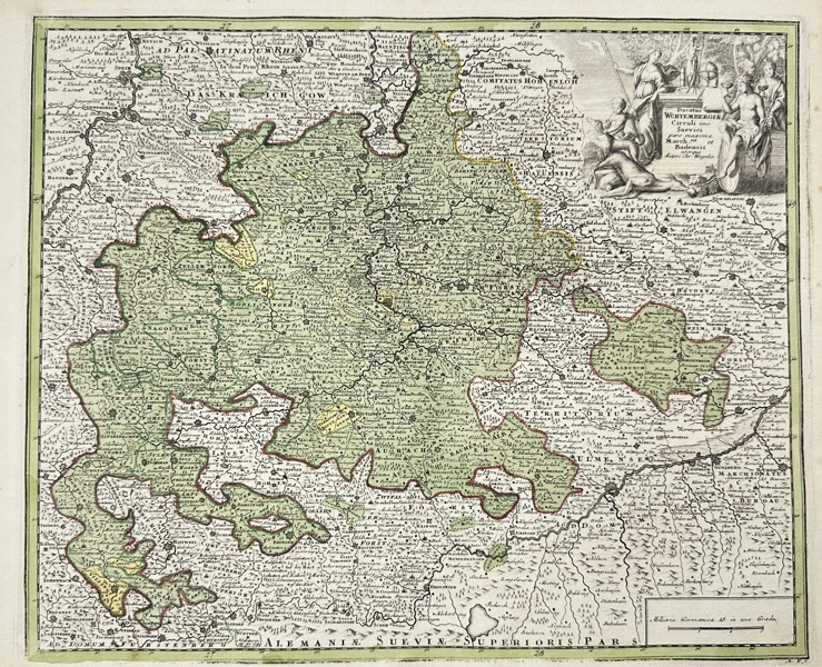 Christoph Weigel – Map of the Duchy of Württemberg – Hand-Colored Copperplate Engraving – 1718