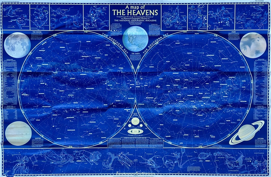 National Geographic Society – A Map of the Heavens – Offset Color Print – 1970s