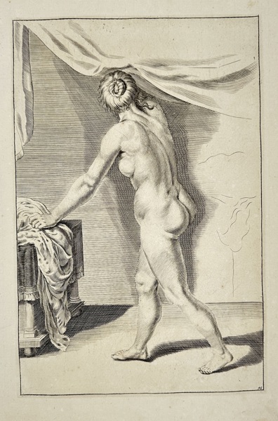 Frederick de Wit (1629–1706) – Standing Female Nude by Drapery – Copperplate Engraving – Late 17th Century