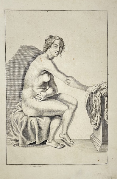 Frederick de Wit (1629–1706) – Seated Female Nude with Drapery – Copperplate Engraving – Late 17th Century