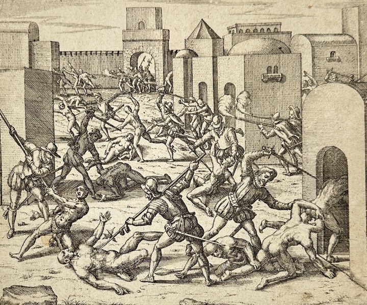 Johann Ludwig Gottfried / Theodor de Bry – Cuzco, totius regni Peruanì urbs opulentissima, ab Hispanis occupatur – Copperplate Engraving – 1633