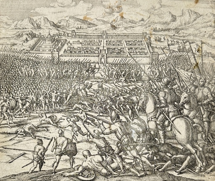 Johann Ludwig Gottfried / Theodor de Bry – Prælium inter Hispanos & Indos comissum ad urbem Cuzco – Copperplate Engraving – 1633