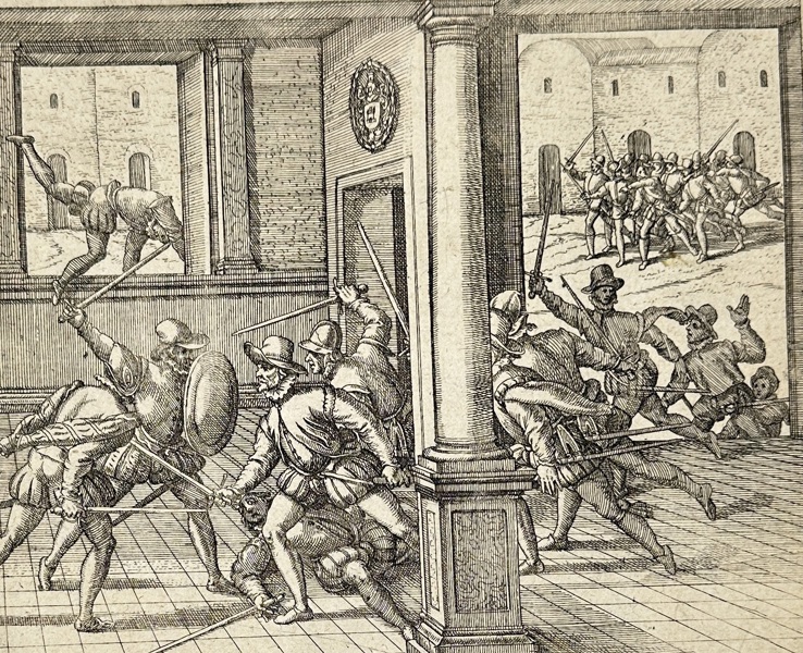 Johann Ludwig Gottfried / Theodor de Bry – Marchio Pizarrus à Jacobo Almagro juniore… caeditur – Copperplate Engraving – 1633