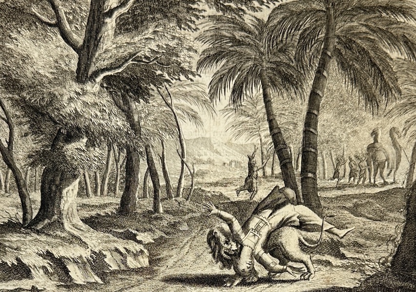 François Valentijn (1666–1727) – Princess Taken by Lion – Ceylon, Sri Lanka – Copperplate Engraving (1724-1726)