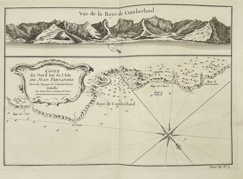 Jacques Nicolas Bellin (1703–1772) – View and Map of Cumberland Bay, Juan Fernandez Island – Engraving (1753)
