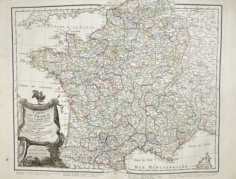 Jean-Baptiste Bourguignon d'Anville (1697–1782) – Map of France – Engraving, with outline hand-coloring (1784)