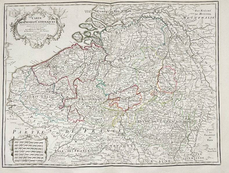 Jean-Baptiste Bourguignon d'Anville (1697–1782) – Map of the Catholic Netherlands – Engraving, with outline hand-coloring (1759)
