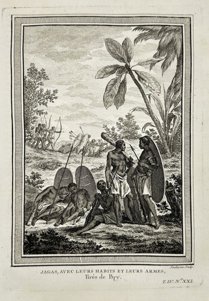 André de La Faye (fl. 1720–1760s) after Antoine François Prévost (1697–1763) – Jagas, with Their Habits and Their Arms – Engraving (1748)