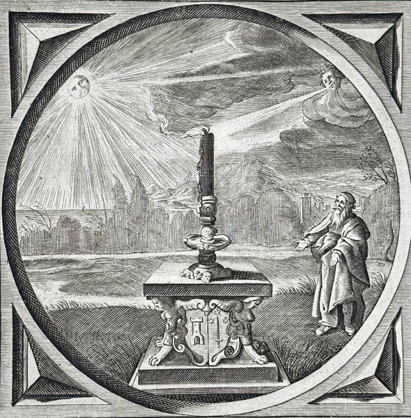 Jacob Cats (1577–1660) – Quid est homo? Lucerna sub dio posita (What is Man? A Lamp Placed Under the Open Sky) from Christian Reflections – Engraving (1620)