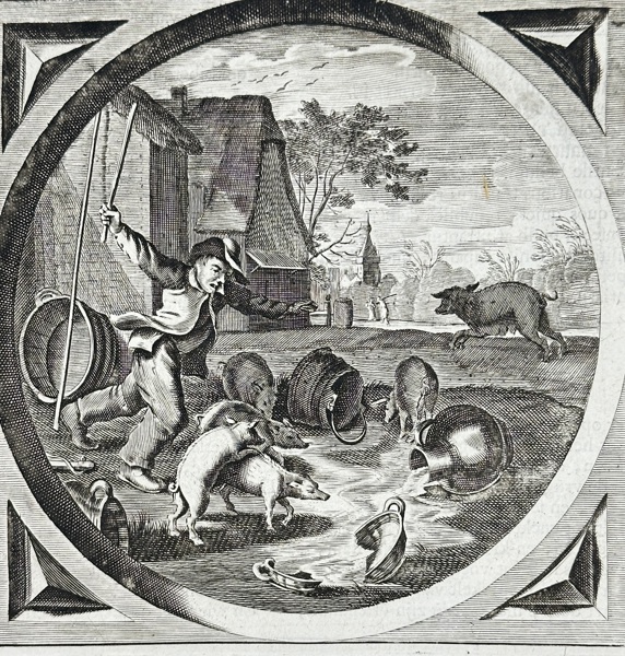 Jacob Cats (1577–1660) – What the Sow Does / The Piglets Must Pay For (Matters of State) – Engraving (1637)