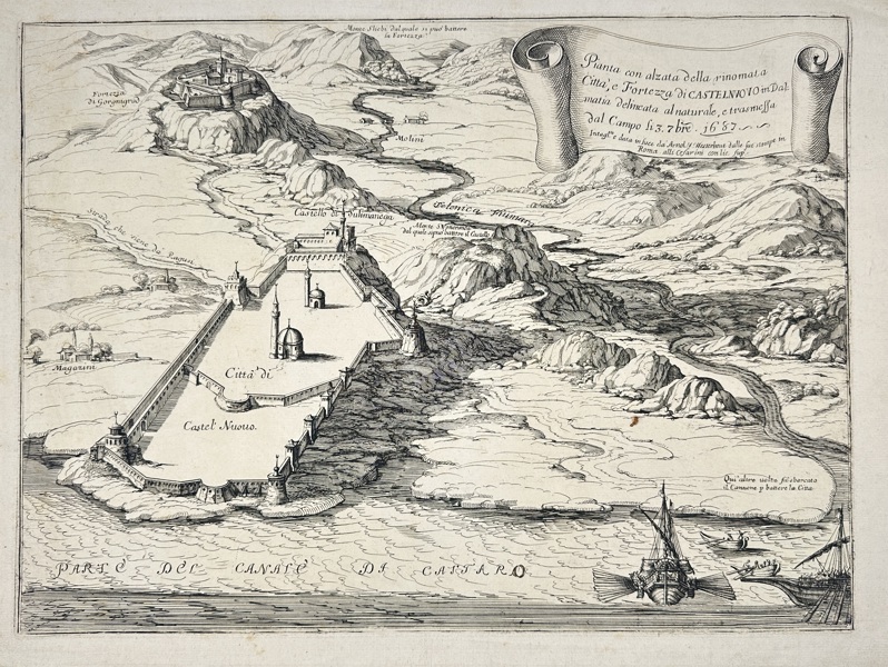 Giovanni Giacomo de Rossi (1627–1691) – Plan of the City and Fortress of Castelnuovo in Dalmatia – Copperplate Engraving (1687)