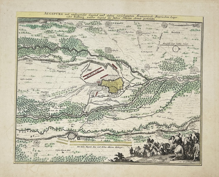 Christoph Weigel – Map of Augsburg and the Surrounding Region with the Fortified French-Bavarian Encampment – Hand-Colored Copperplate Engraving – 1718