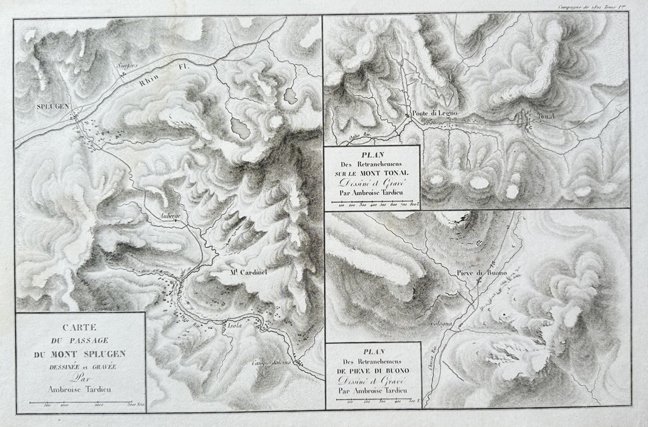 Ambroise Tardieu (1788–1841) – Map of the Passage of Mount Splügen and other Military Plans – Engraving (1826)