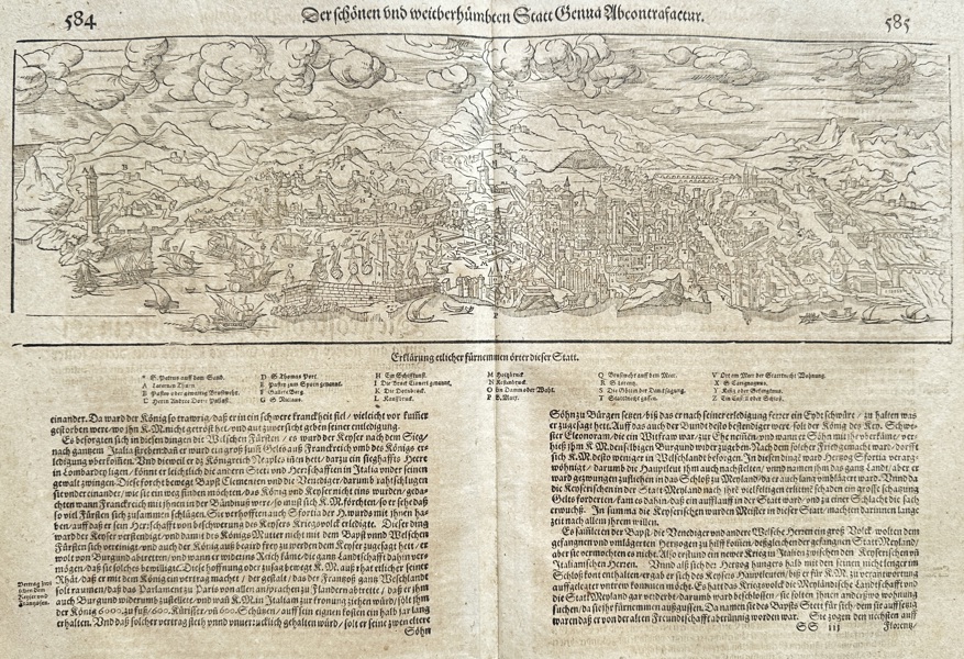 Sebastian Münster (1488–1552) – Map of Genoa (Depiction of the Beautiful and Widely Renowned City of Genoa) – Woodcut (1550)