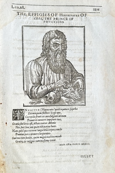 Ambroise Paré (1510–1590) – Effigies of Hippocrates, Prince of Physicians – Woodcut (c. 1575-1585)