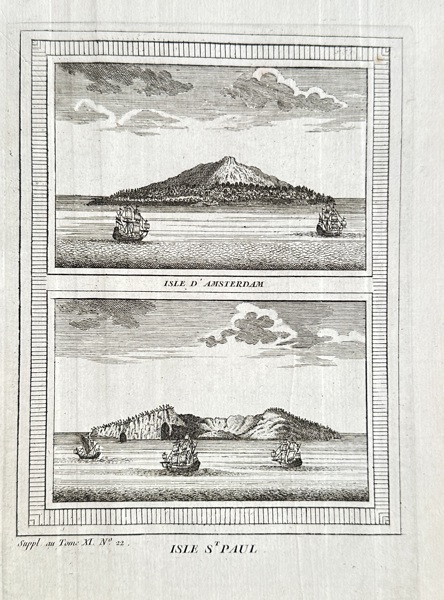 Jacques-Nicolas Bellin (1703–1772) – Views of Amsterdam Island and Saint Paul Island – Copperplate Engraving (1753)