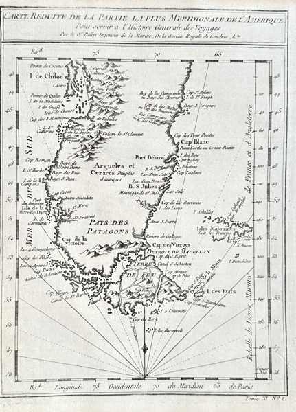 Jacques-Nicolas Bellin (1703–1772) – Map of the Southernmost Part of America (Patagonia) – Copperplate Engraving (c. 1750)