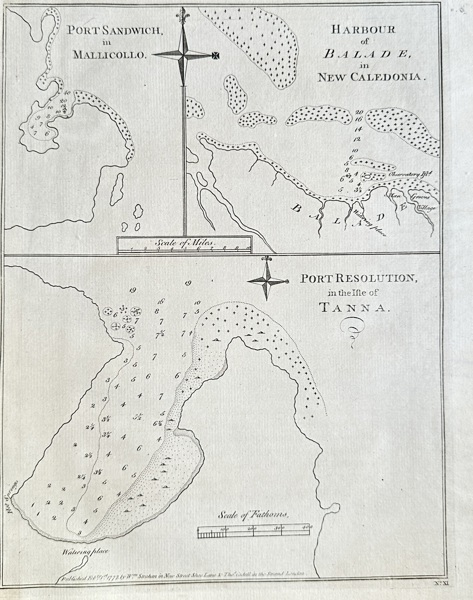 James Cook (1728–1779) – Plans of Port Sandwich (Malakula), Balade Harbour (New Caledonia), and Port Resolution (Tanna) – Engraving (1777)