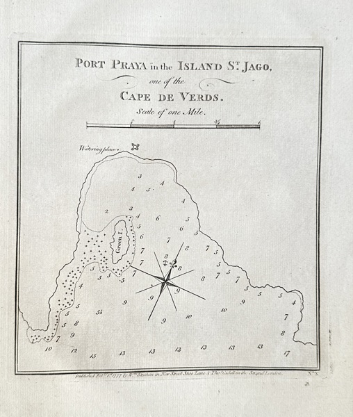 James Cook (1728–1779) – Porto Praya in Santiago Island, Cape Verde – Engraving (1777)
