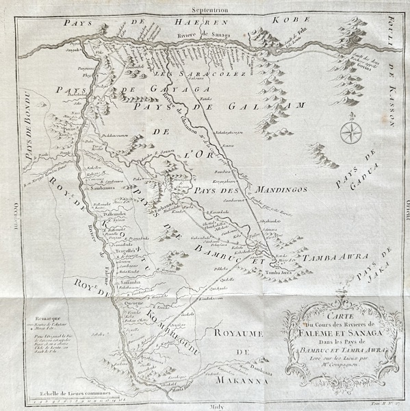 Jacques-Nicolas Bellin (1703–1772) – Map of the Faleme and Sanaga Rivers in Bambuc and Tamra Awra – Engraving (1748)