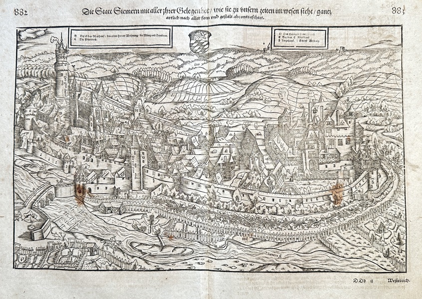 Sebastian Münster (1488–1552) – View of the City of Steyr – Woodcut (c. 1550)