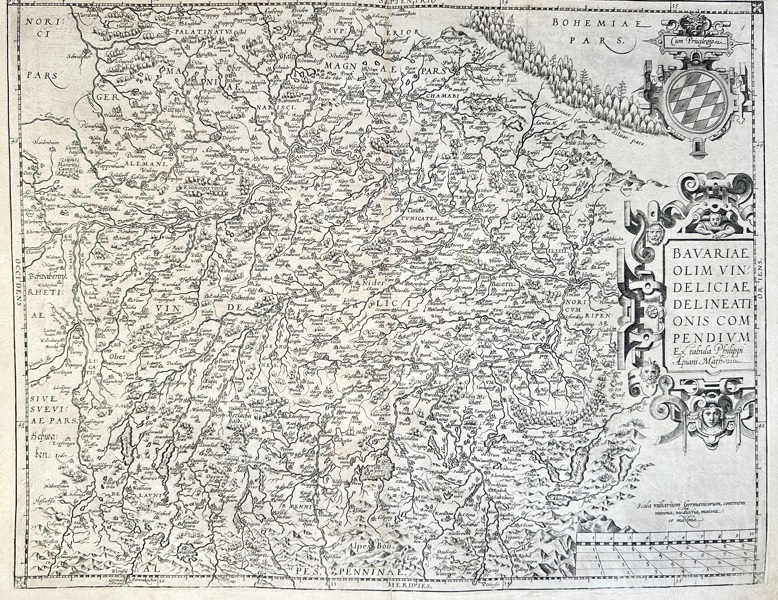 Philipp Apian (1531–1589) & Simon Novellanus – Map of Bavaria, Formerly Vindelicia, with Neighboring Counties – Copperplate Engraving (1595)