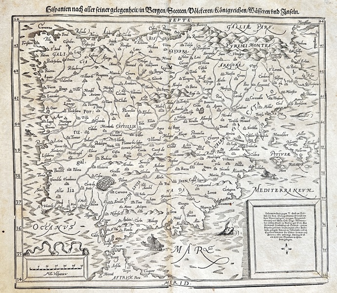 Sebastian Münster (1488–1552) – Map of Spain and Portugal (Iberian Peninsula) – Woodcut (c. 1544-1628)