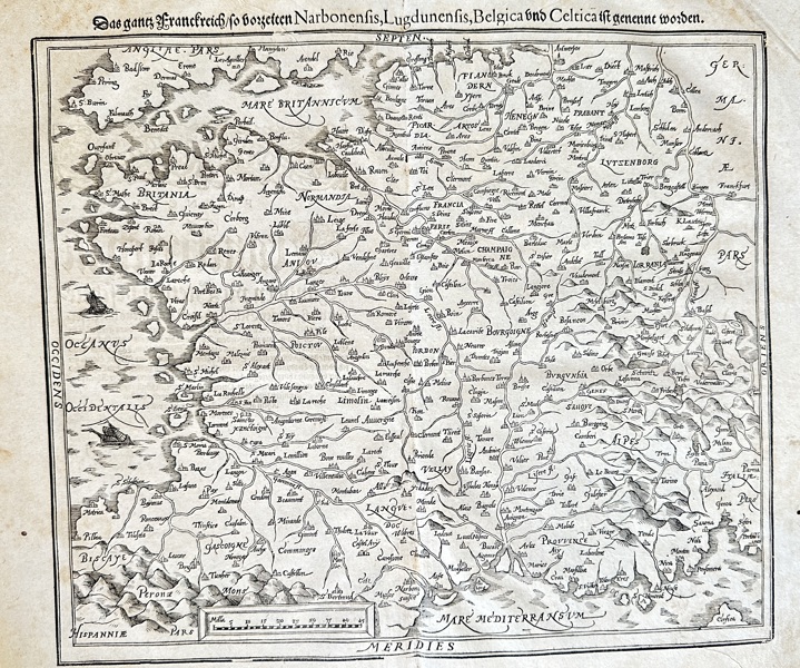 Sebastian Münster (1488–1552) – Map of France, with its Roman-era Divisions – Woodcut (c. 1544-1628)