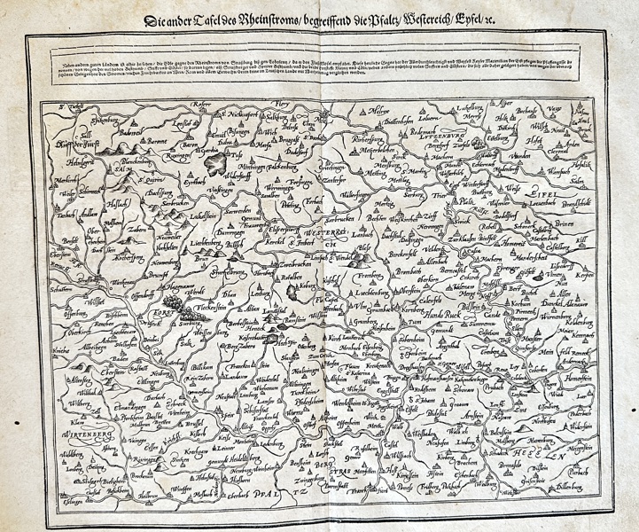 Sebastian Münster (1488–1552) – Map of the Rhine Region: Palatinate, Wetterau, and Eifel – Woodcut (c. 1544-1628)