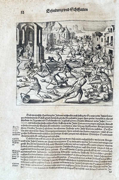 Sebastian Münster (1488–1552) – Discovery and Voyages: Battle Scene in the Indies – Woodcut (c. 1544-1628)
