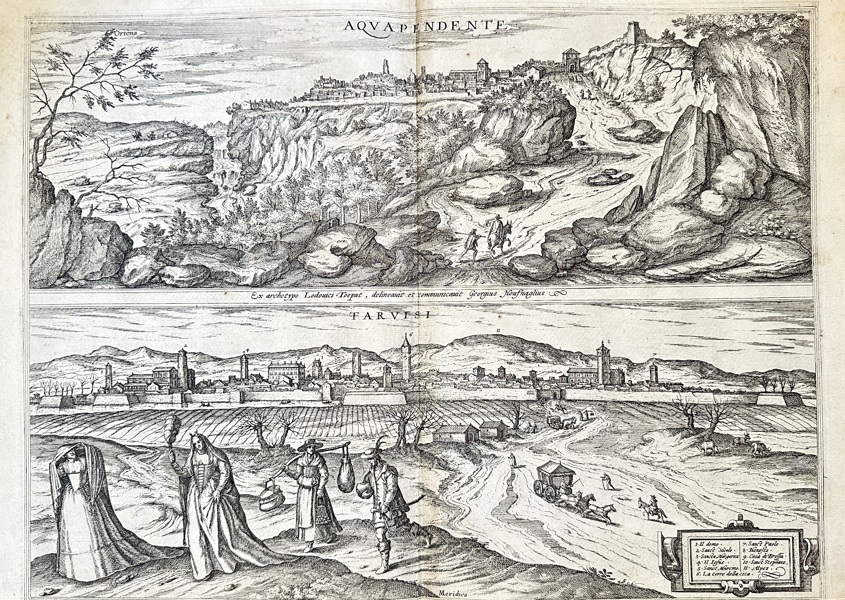 Ludovico Perugini & Georg Braun (1541–1622) & Frans Hogenberg (c. 1535–1590) – Views of Acquapendente and Tarquinia/Corneto – Copperplate Engraving (c. 1590-1610)