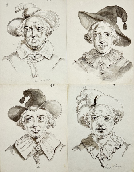 European school (XVIII) - Set of 4 Drawings - Portraits of Franchi, Bonamici Carlo, Orelio, Lepage Giuseppe