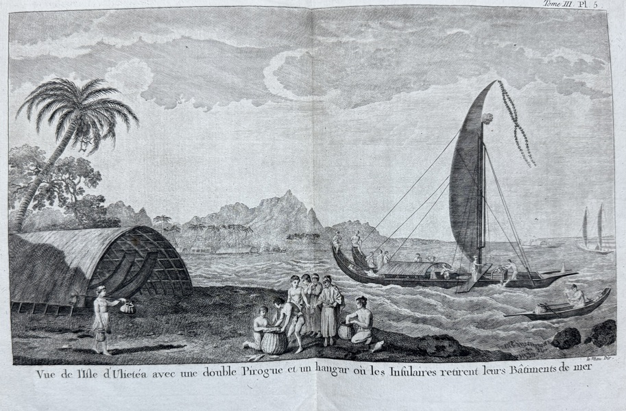 John Hawkesworth (1715–1773) – View of the Isle of Oheitea with a Double Canoe and a Shed for Sea Vessels – Engraving (1773)

