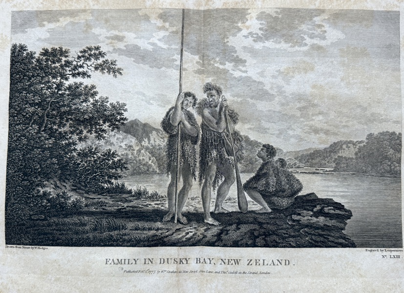 William Hodges (1744–1797) – Family in Dusky Bay, New Zealand – Engraving (1777)
