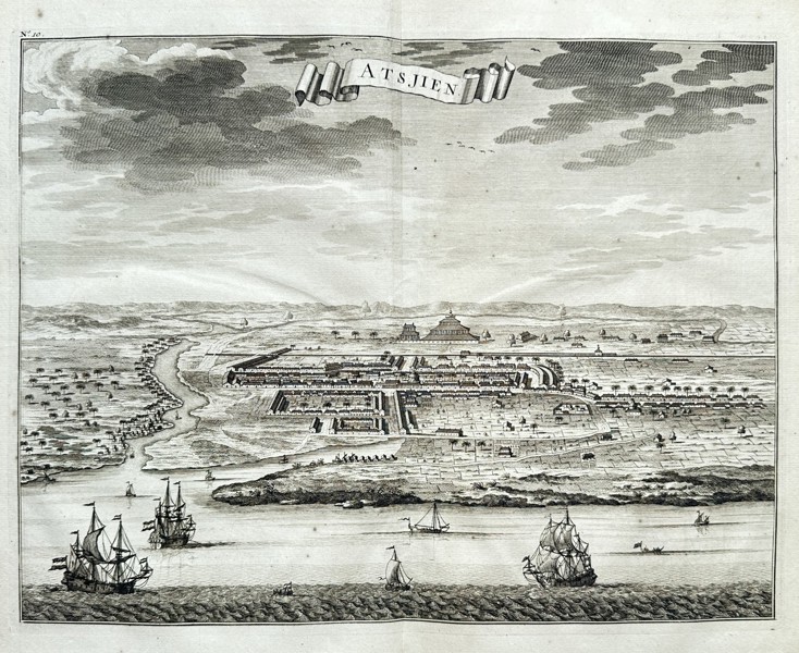 François Valentijn (1666–1727) – View of Aceh (Atsjie) – Engraving