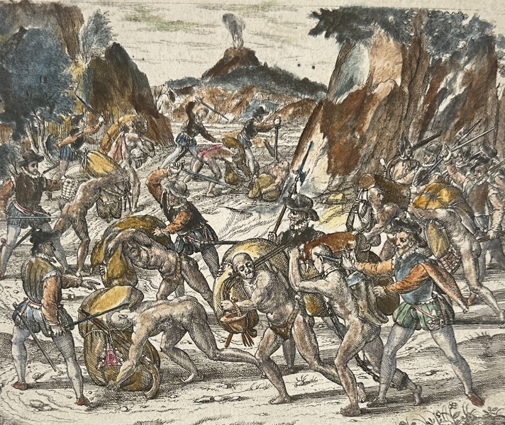 Theodor de Bry – Spaniards Cruelly Treat Indians Succumbing to Burdens
