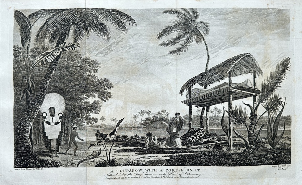 William Hodges (1744–1797) – A Toupapow with a Corpse on it: A Burying Place in the Isle of Otaheite – Engraving (1777)