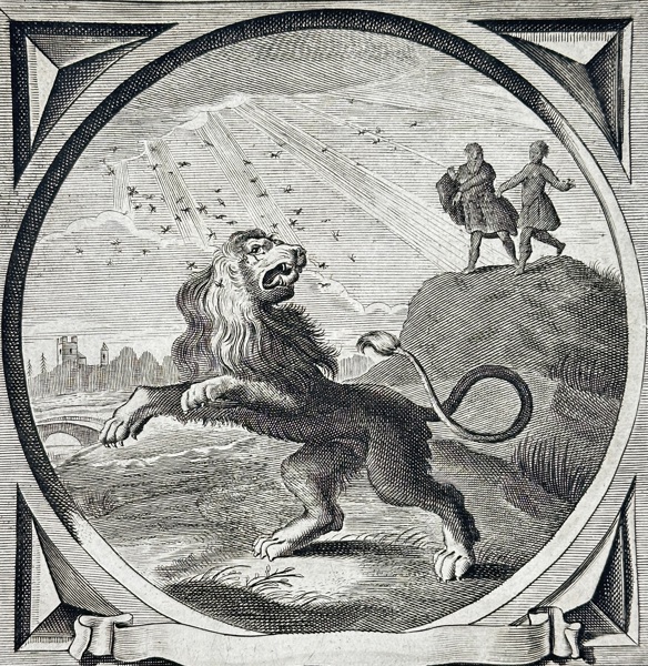Jacob Cats (1577–1660) – Even a Gnat Can Wound a Lion – Engraving (17th Century)