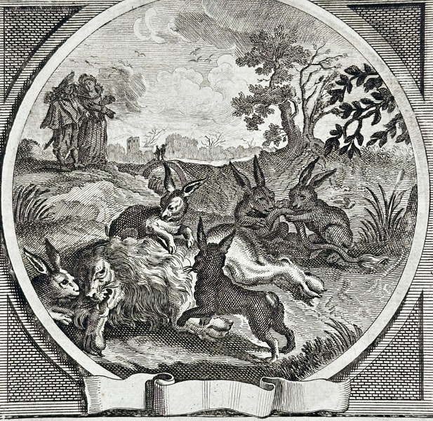 Jacob Cats (1577–1660) – Even Hares Mock the Dead Lion – Engraving (17th Century)