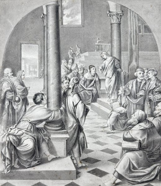 Bonifacio Veronese, after – Antique Pencil Drawing – Christ Among the Doctors – 19th Century