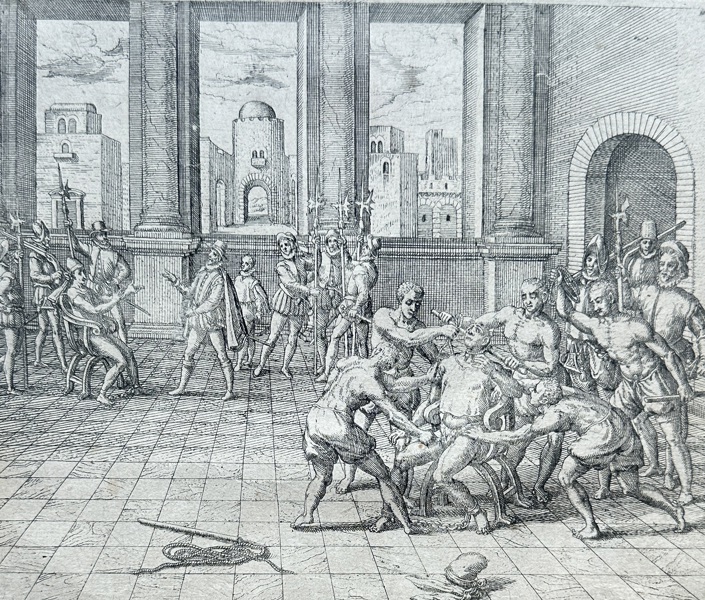 Theodor de Bry – Francisco Pizarro Orders Atahualpa's Execution – Engraving (1596)