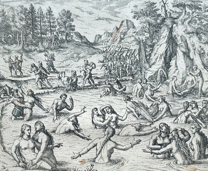 Theodor de Bry – Spanish Soldiers Violating Indigenous Women (Conquest of Atahualpa's Camps) – Engraving (1596)