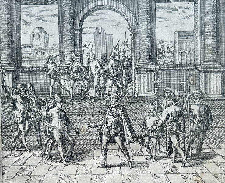 Theodor de Bry – Atahualpa Makes Peace with Francisco Pizarro – Engraving (1596)