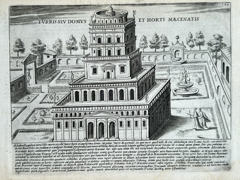 Giacomo Lauro (active c.1584–1637) – House and Gardens of Maecenas (Turris S. Euvis Domus et Horti Maecenatis) – Copperplate Engraving (1612)
