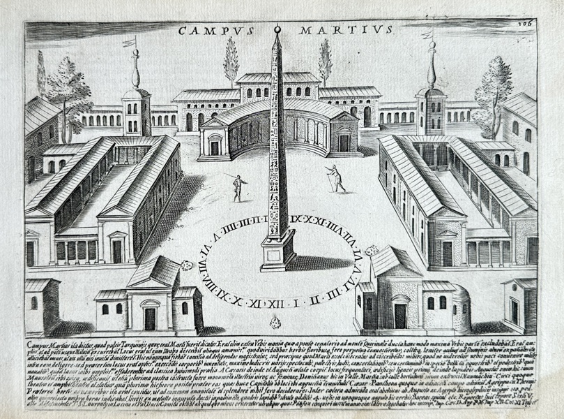 Giacomo Lauro (active c.1584–1637) – Obelisk op het Marsveld te Rome (Campus Martius) – Engraving – 1637
