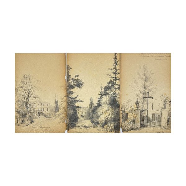 Unknown artist - Set of 3 Pencil Drawings - A Palace in Germany - Autumn Landscape