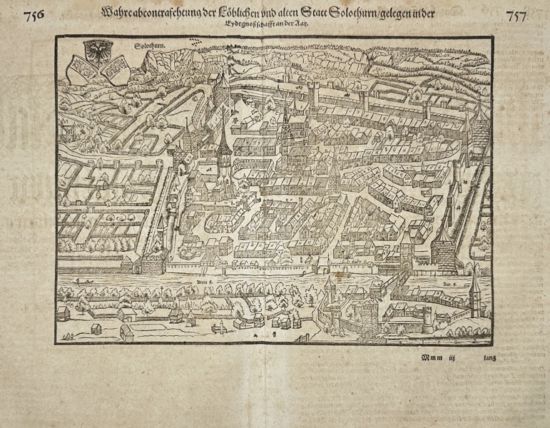 Sebastian Münster – View of Solothurn, Switzerland – Woodcut from Cosmographia – 1598 Edition